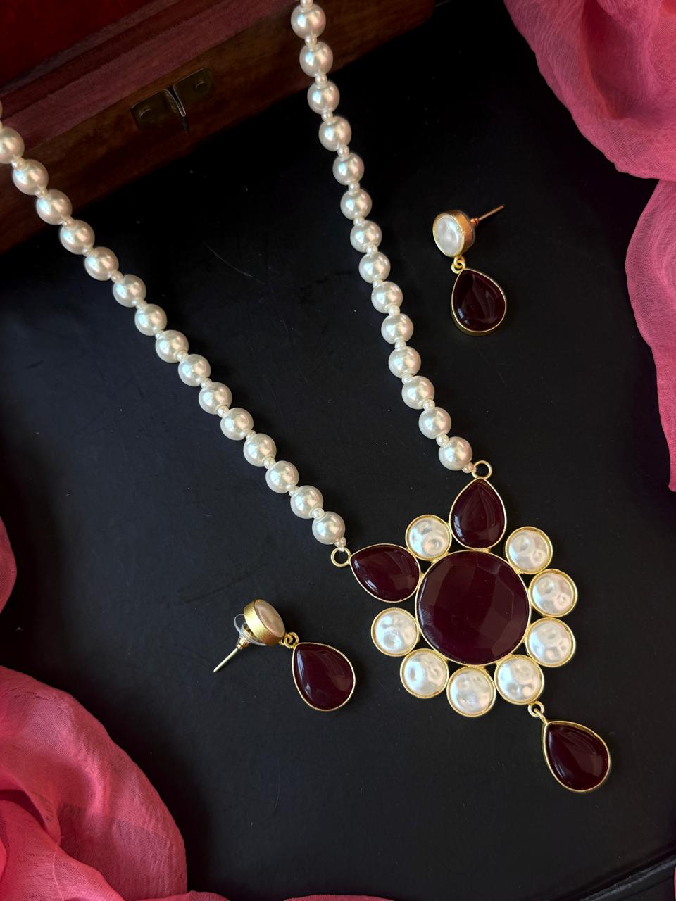 Monalisa Stone Shell Pearl Necklace with Earring set