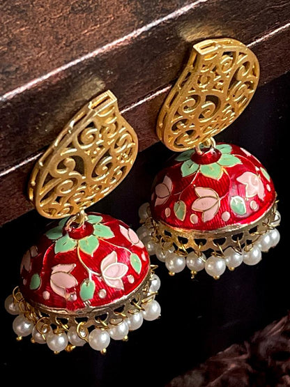 Meenakari Jhumka with Golden Top Drop Earring