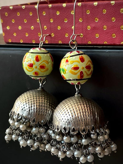 Oxidized Double layed Beaded Jhumka with Wooden Ball Earring