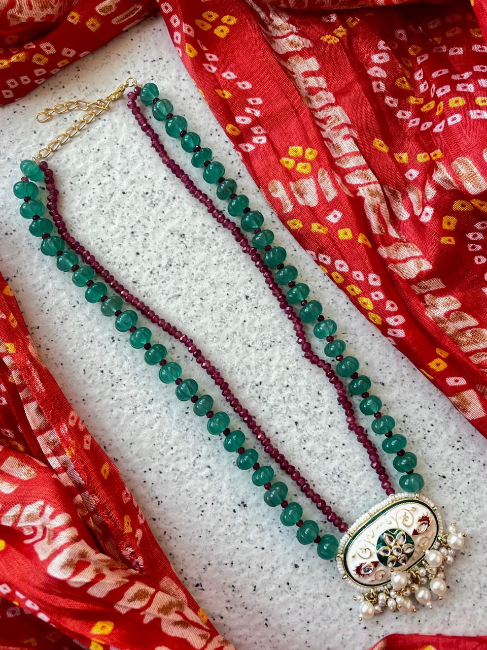 Pumpkin Beads with Glass Beads Mala and Meenakari Pendant Necklace