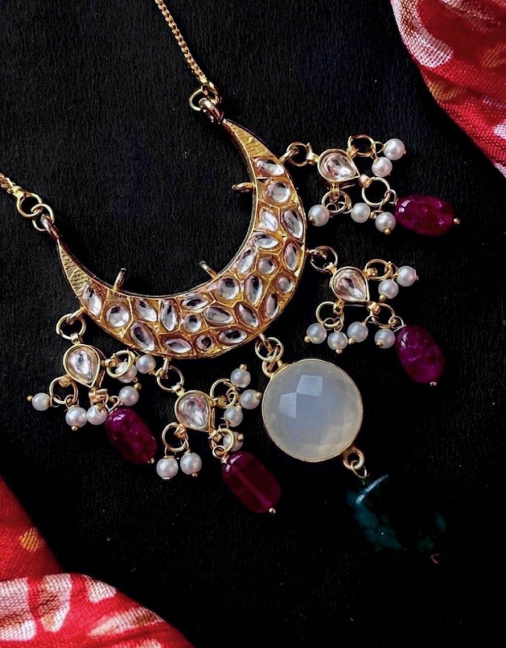 Moon Shape Kundan, Pachi Kundan and Monalisa Stone Pendant Necklace