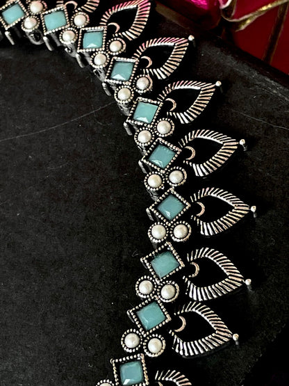Oxidized Choker with Earring set with stone and beads work