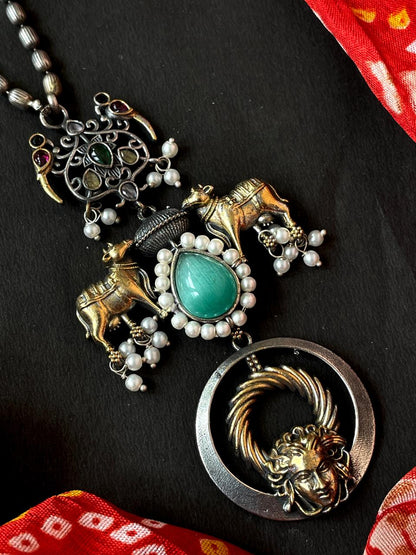 Monalisa Stone Dual Tone Beaded Pendant Chain Necklace