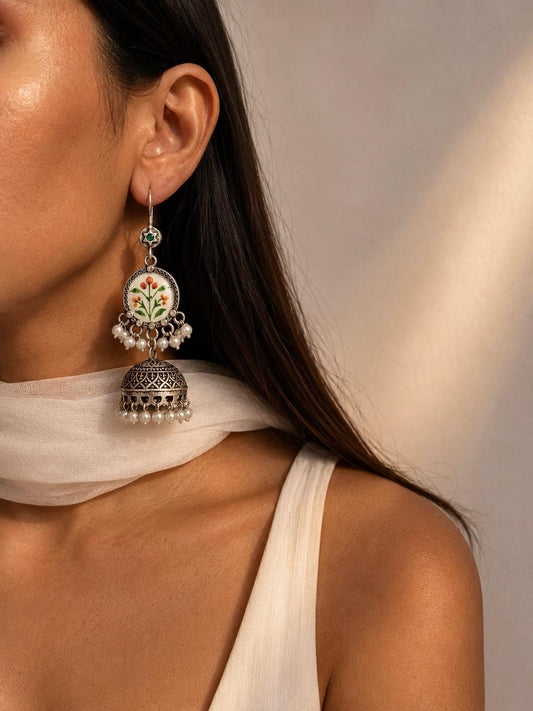 Hand Painted Top with Oxidized Jhumki Earring
