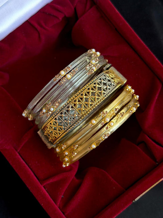 Glass Bangles with Dual Tone Kada Set