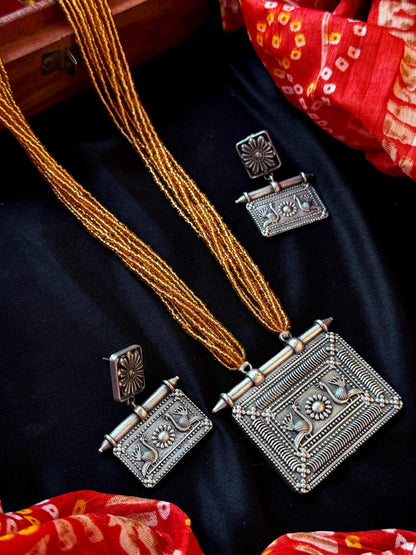 Oxidized Pendant Beaded Multi Layered Mala Necklace and Earring set