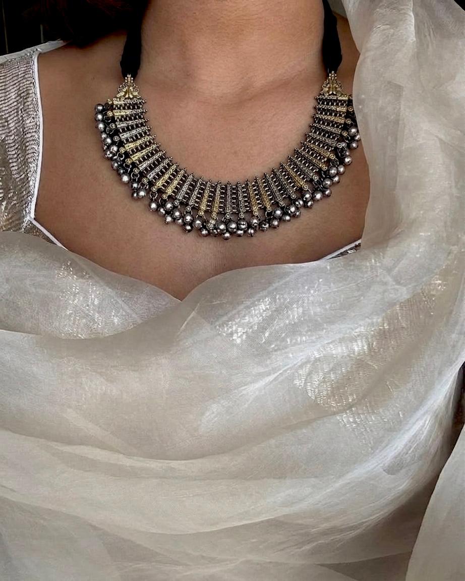 Dual Tone Choker Necklace with Earring Set