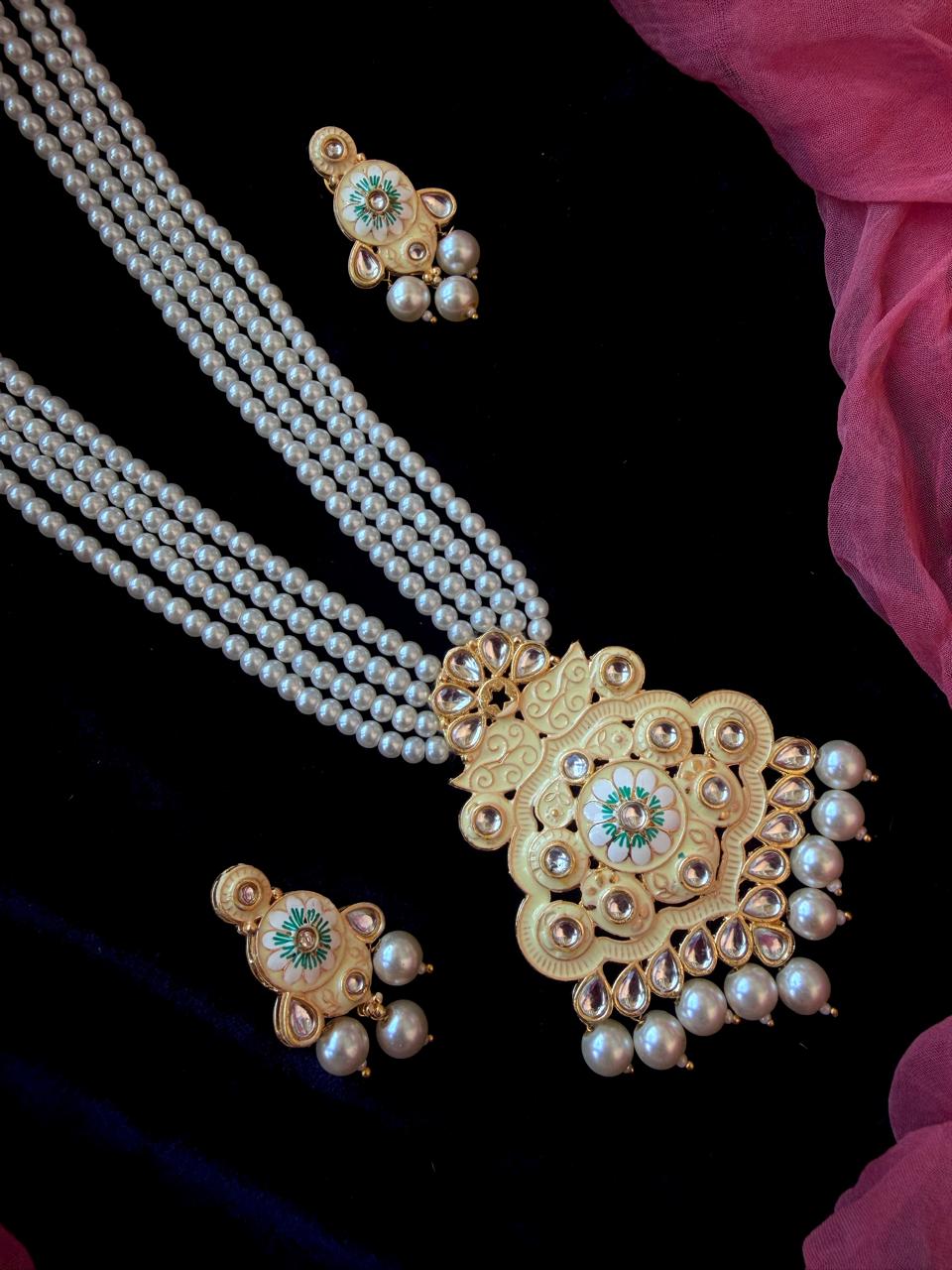 Kundn Meenakari Pendant Mala Moti Necklace with Earring set