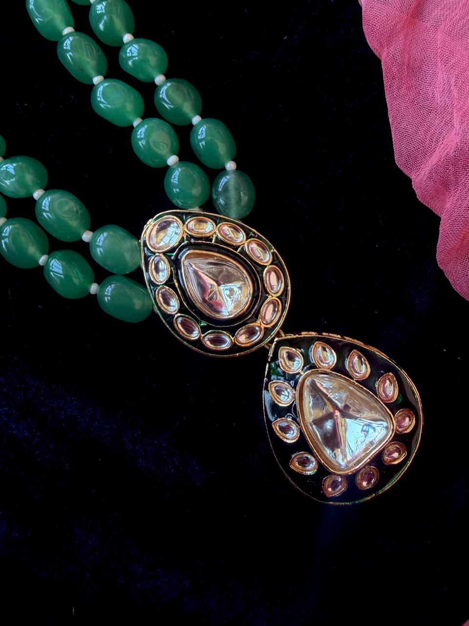 Kundan Meenakari Pendant Stone Beaded Double Layered Mala Necklace