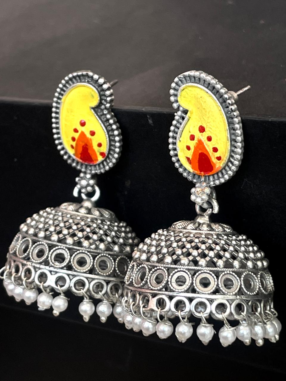 Hand Painted Top with Silver Replica Jhumka Earring