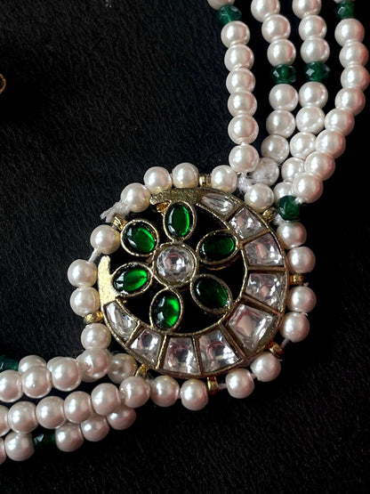 Pachi Kundan Pendant with Shell Pearl Mala Choker and Earring set