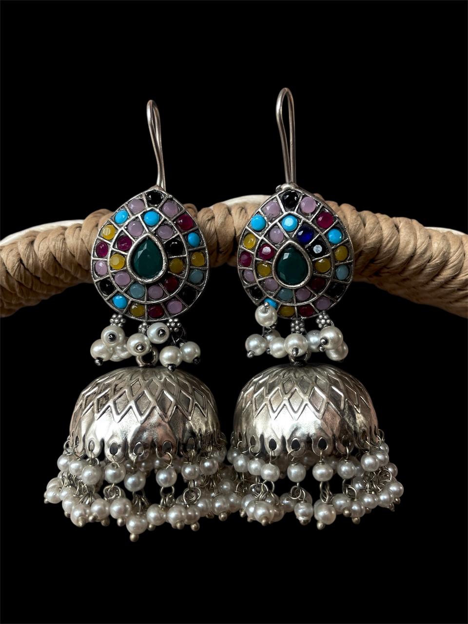 Monalisa Stone Top with Silver Replica Jhumka Earring