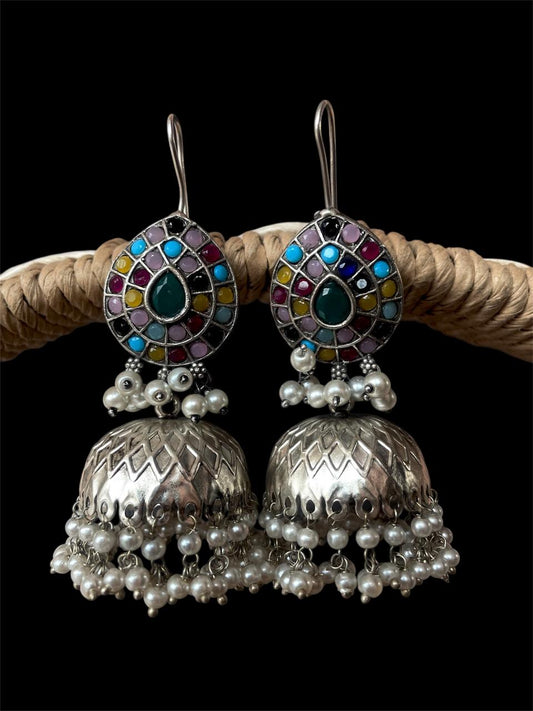Monalisa Stone Top with Silver Replica Jhumka Earring