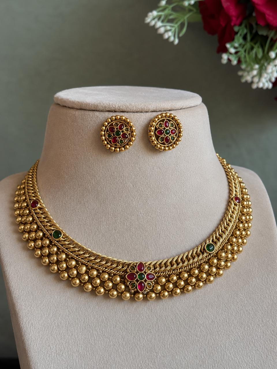 Matt Gold Finish Choker Necklace with Earring set