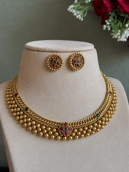 Matt Gold Finish Choker Necklace with Earring set
