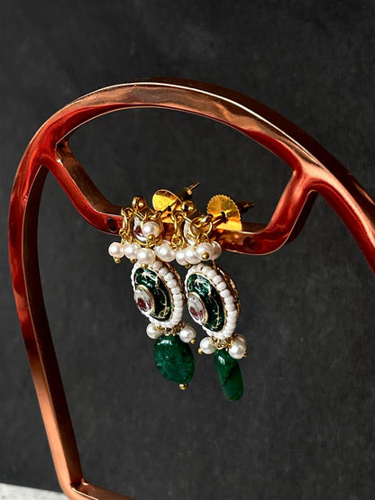 Monalisa Jade Stone with Kundan Meenakari Pendant Chain Necklace with Earring Set